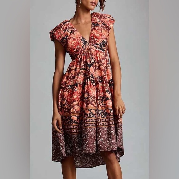 Anthropologie Dresses & Skirts - NWT By Anthropologie Printed V-Neck Babydoll Dress Size 4P Red Motif